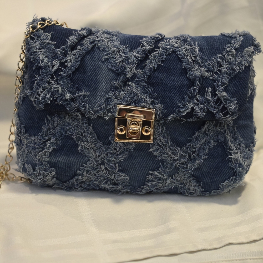 Chic Denim Crossbody Bag with Gold Chain, Unbranded